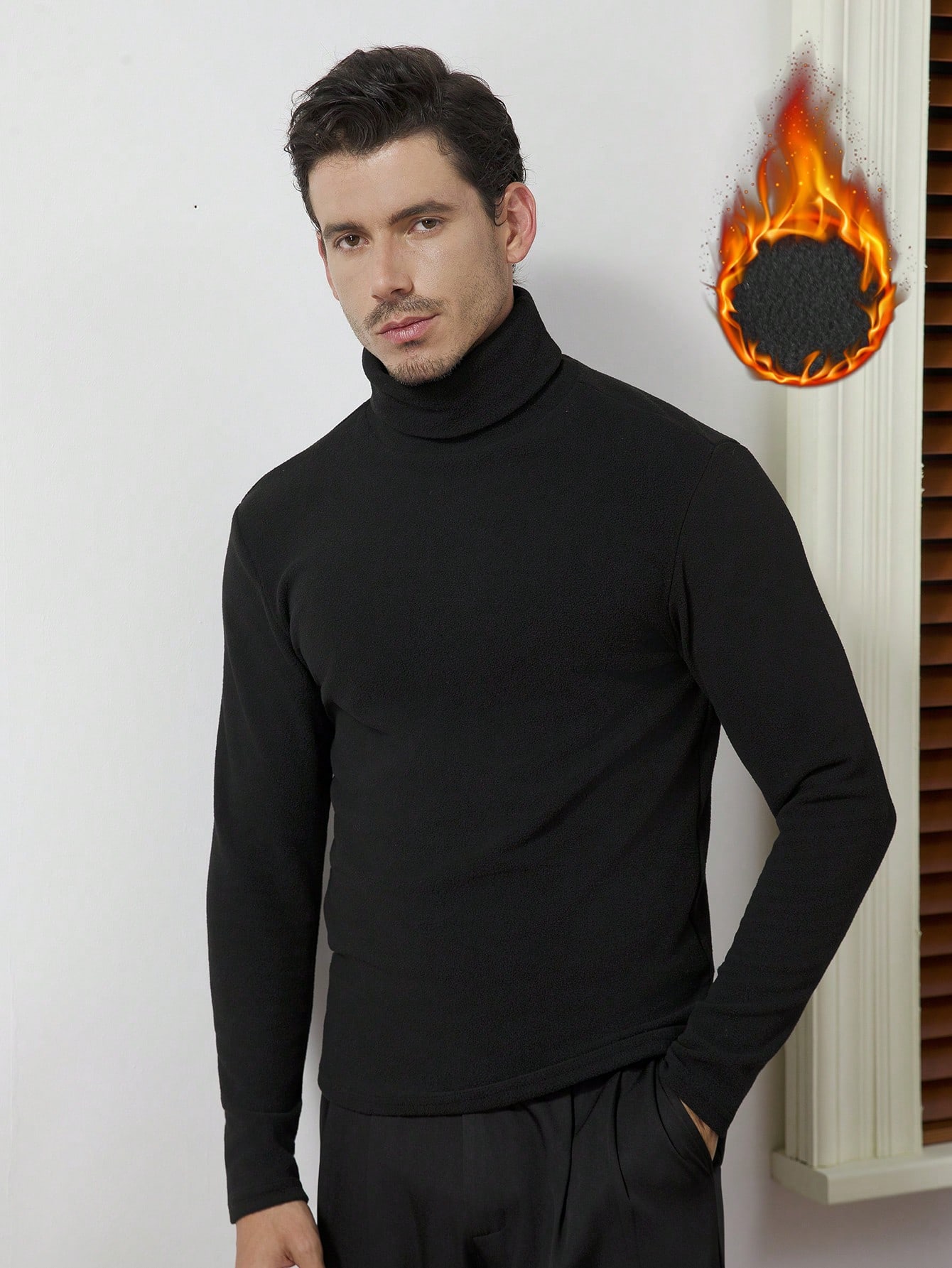 Base Layer Top - Men's Black High-Neck Long Sleeve Thermal